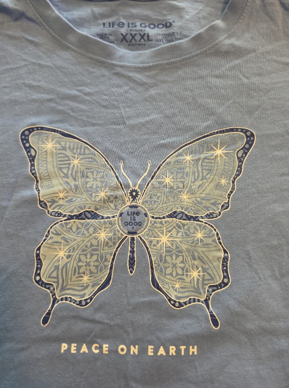 Life Is Good Light Blue Tee with Gold-Accented Butterfly